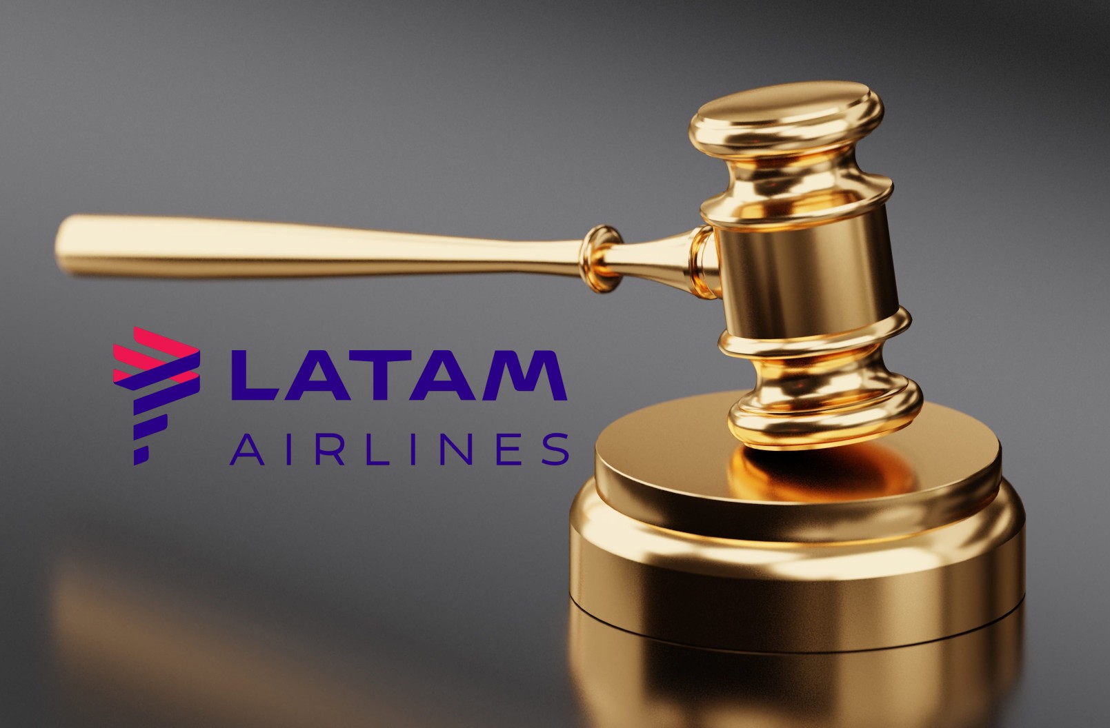 martillo de subasta en dorado y el logo de LATAM 