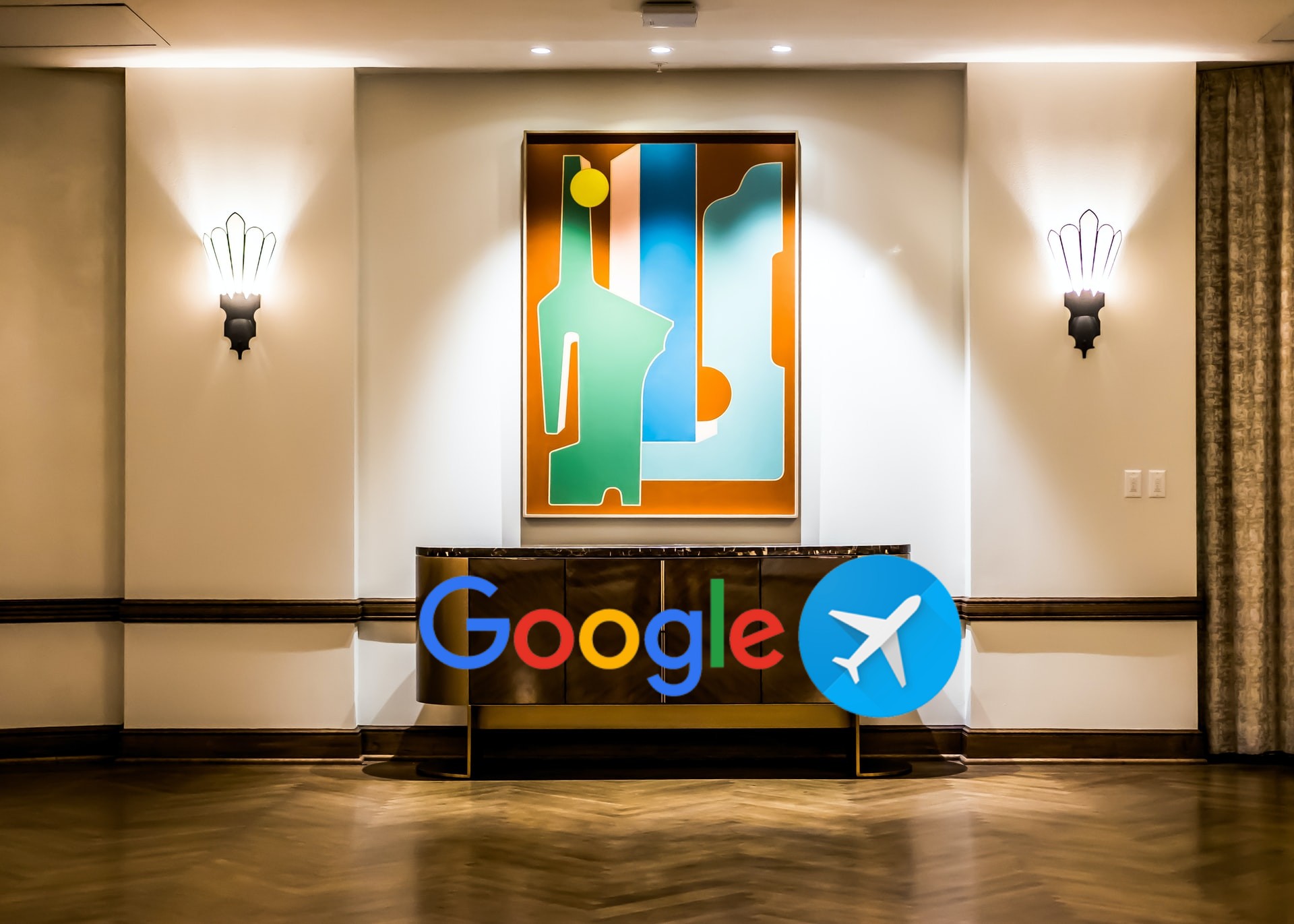 lobby de hotel y logo de Google Travel
