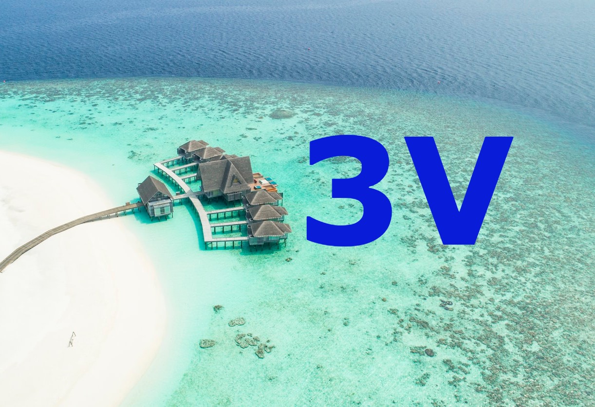 Maldivas vista desde el aire, playa y cabaña, y 3V en azul a la derecha