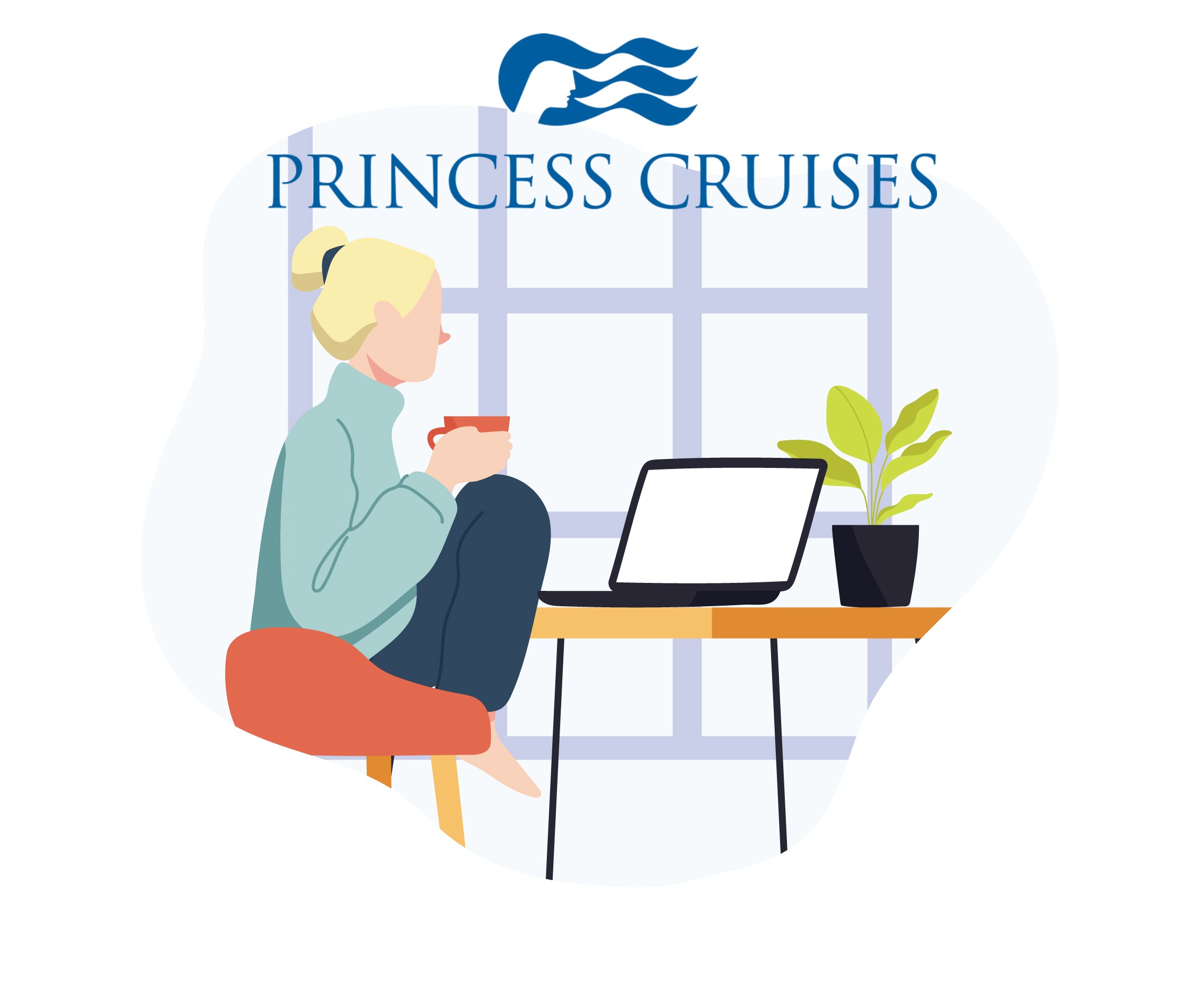 ilustración de mujer trabajando en una laptop y el logo de Princess Cruises arriba