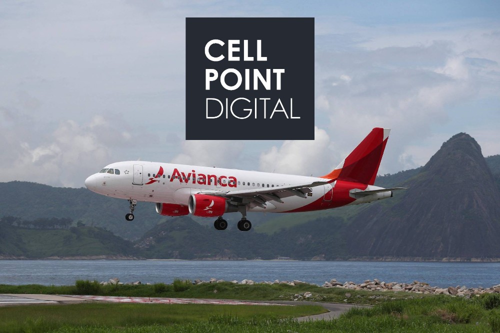 Avianca avión y logo de CellPoint Digital