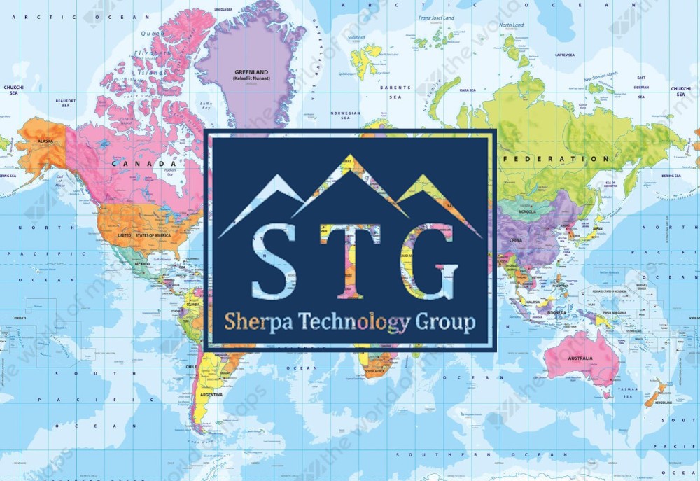 Mapa del mundo y logo de Sherpa