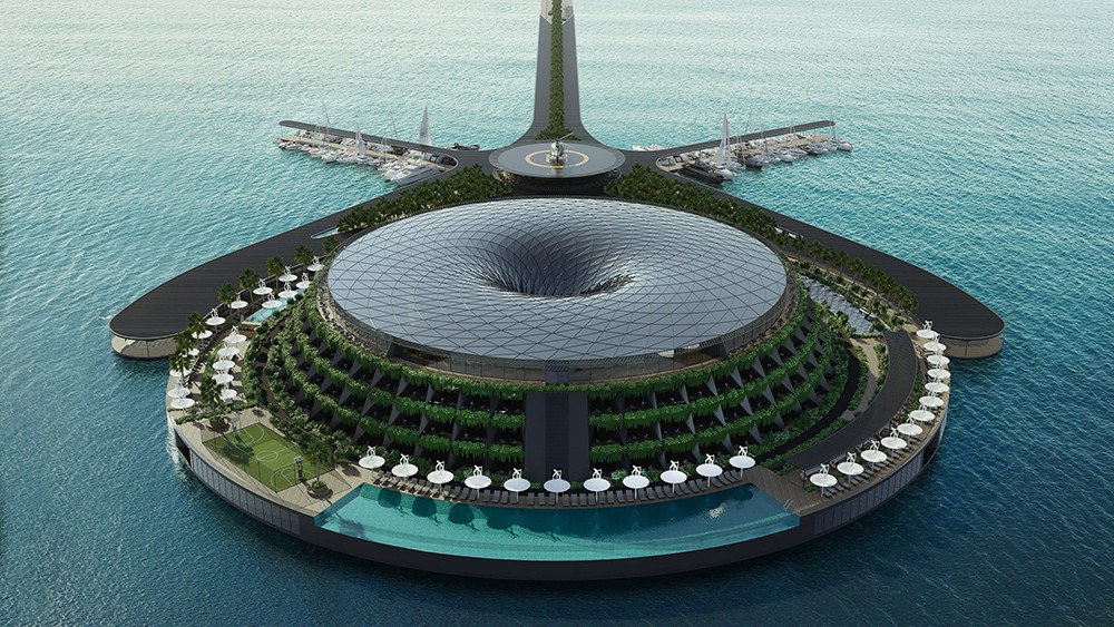 rendering del hotel flotante en Qatar