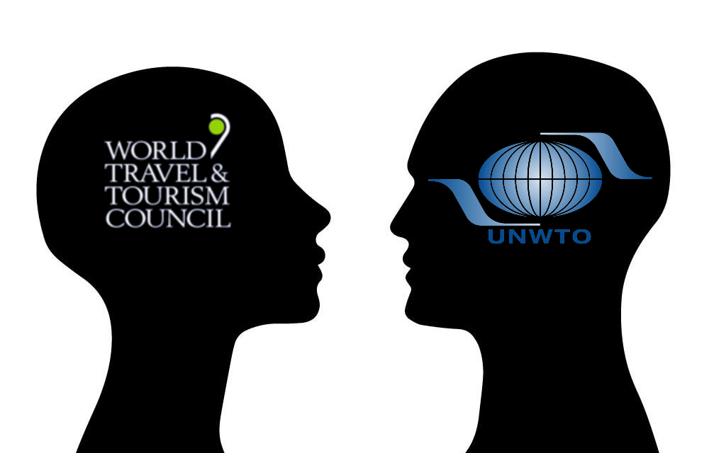 dos rostros en siluetas frente a frente, logos del WTTC y la OMT en sus cabezas