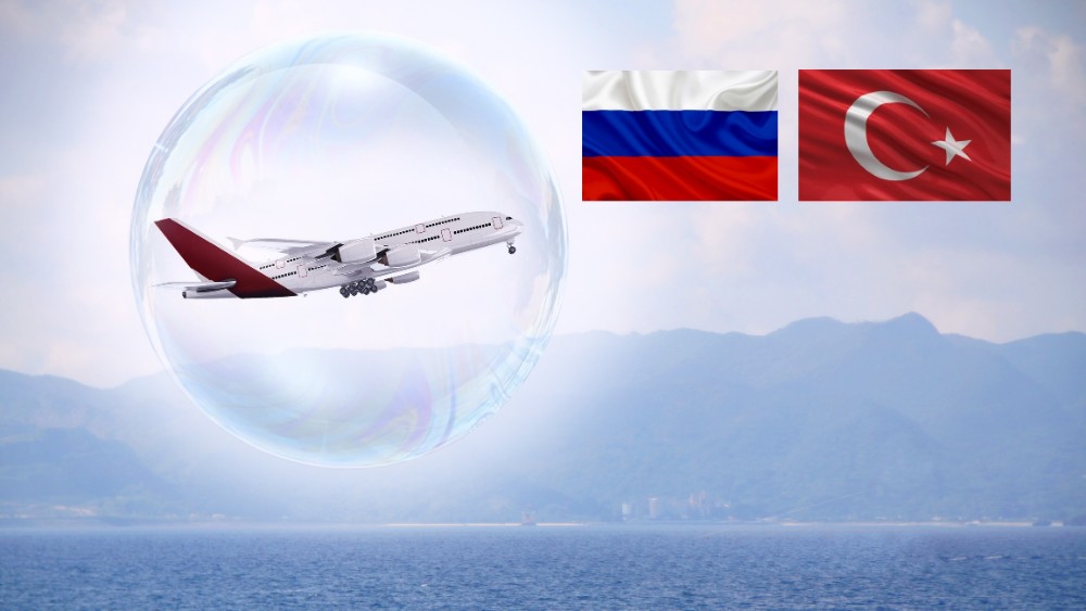 avión en una burbuja, las banderas de Rusia y Turquía
