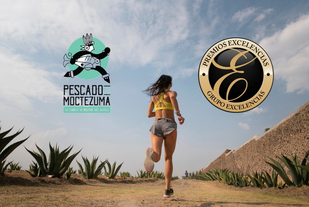 mujer corriendo de espaldas, logos de la Ruta del Pescado de Mocteuma y los Premios Excelencias