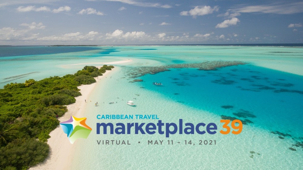 playa del Caribe vista desde la altura y el logo del Caribbean Travel Marketplace 2021