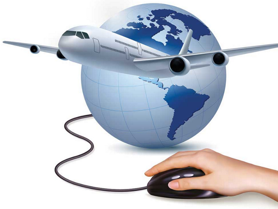 ilustración mano con mouse, cable, globo terráqueo y un avión
