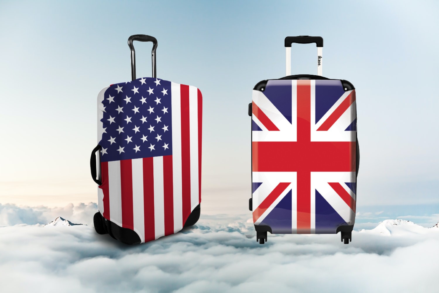 dos maletas de viaje con las banderas de EE.UU. y el Reino Unido sobre nubes